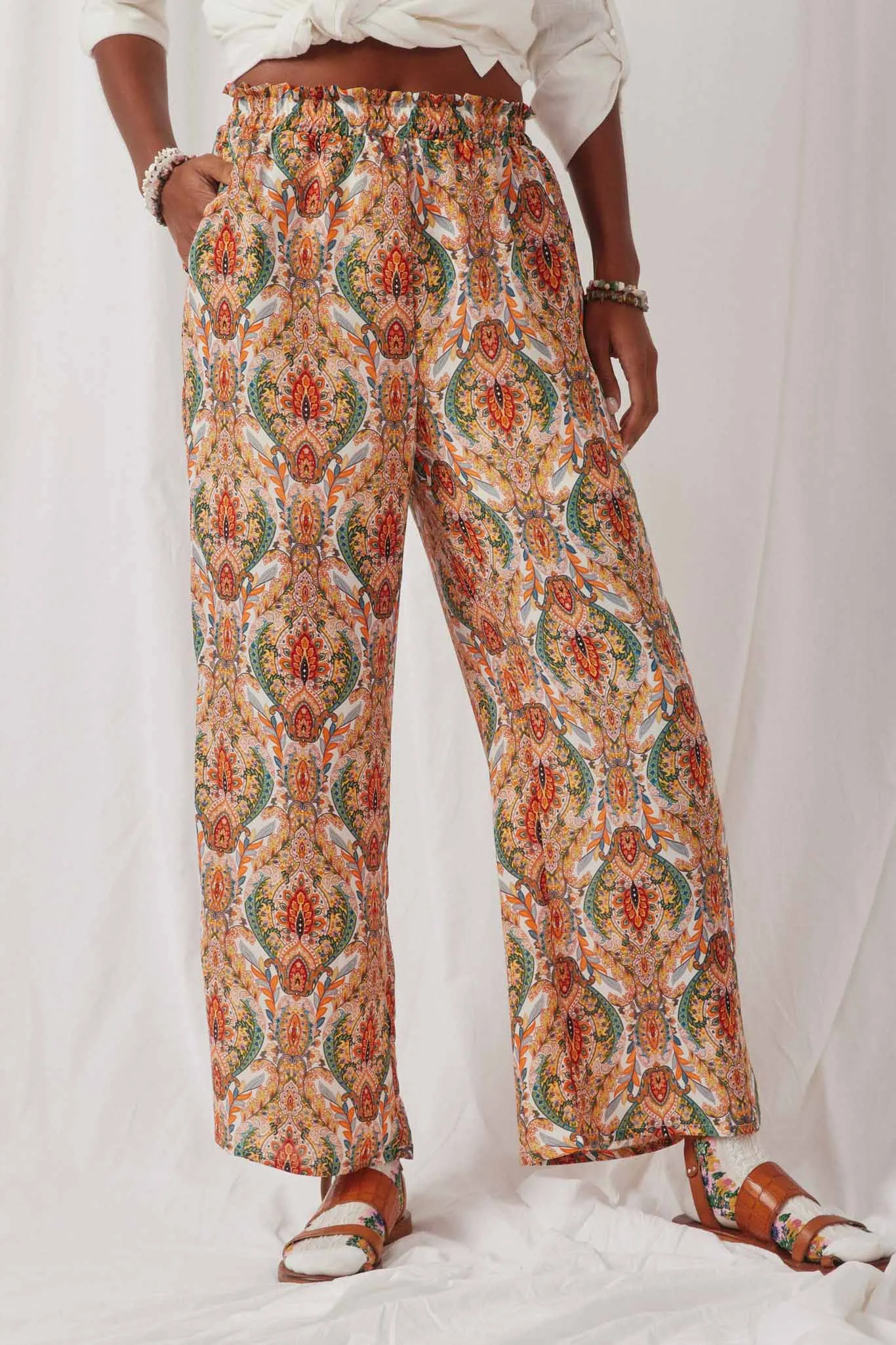 Smock Waist Paisley Print Wide leg Pants