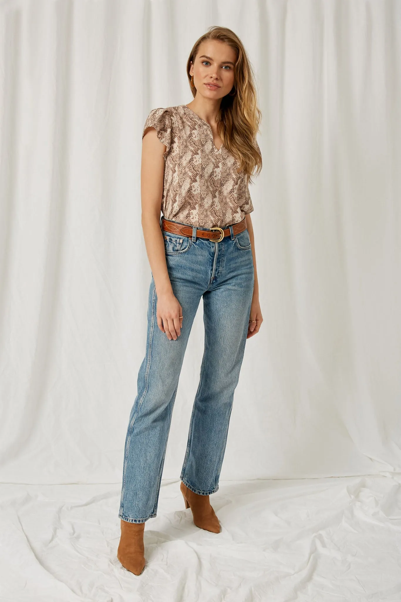 Snakeskin Print V-Neck Blouse