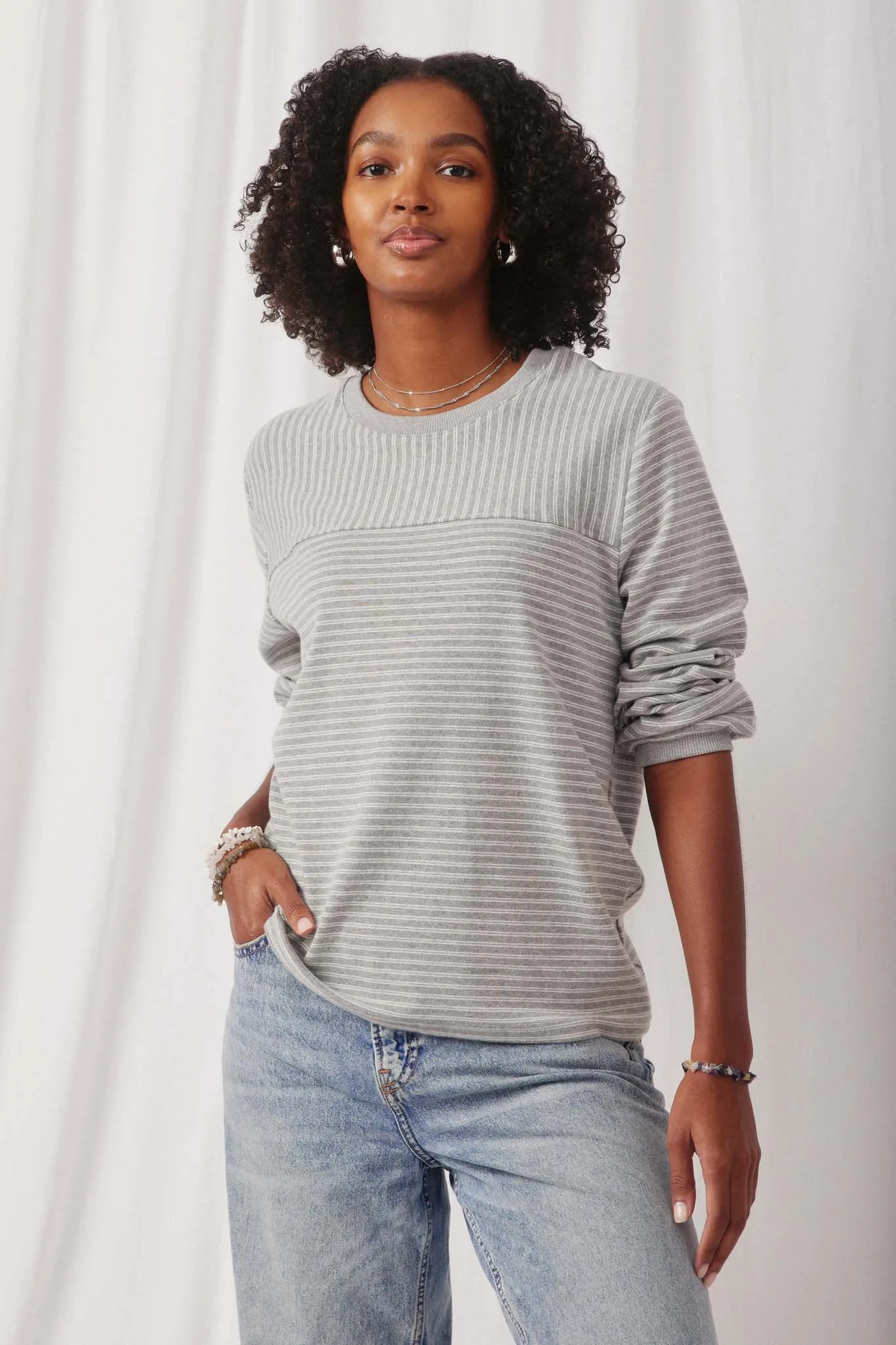 Stripe Blocked Puff Sleeve Knit Top