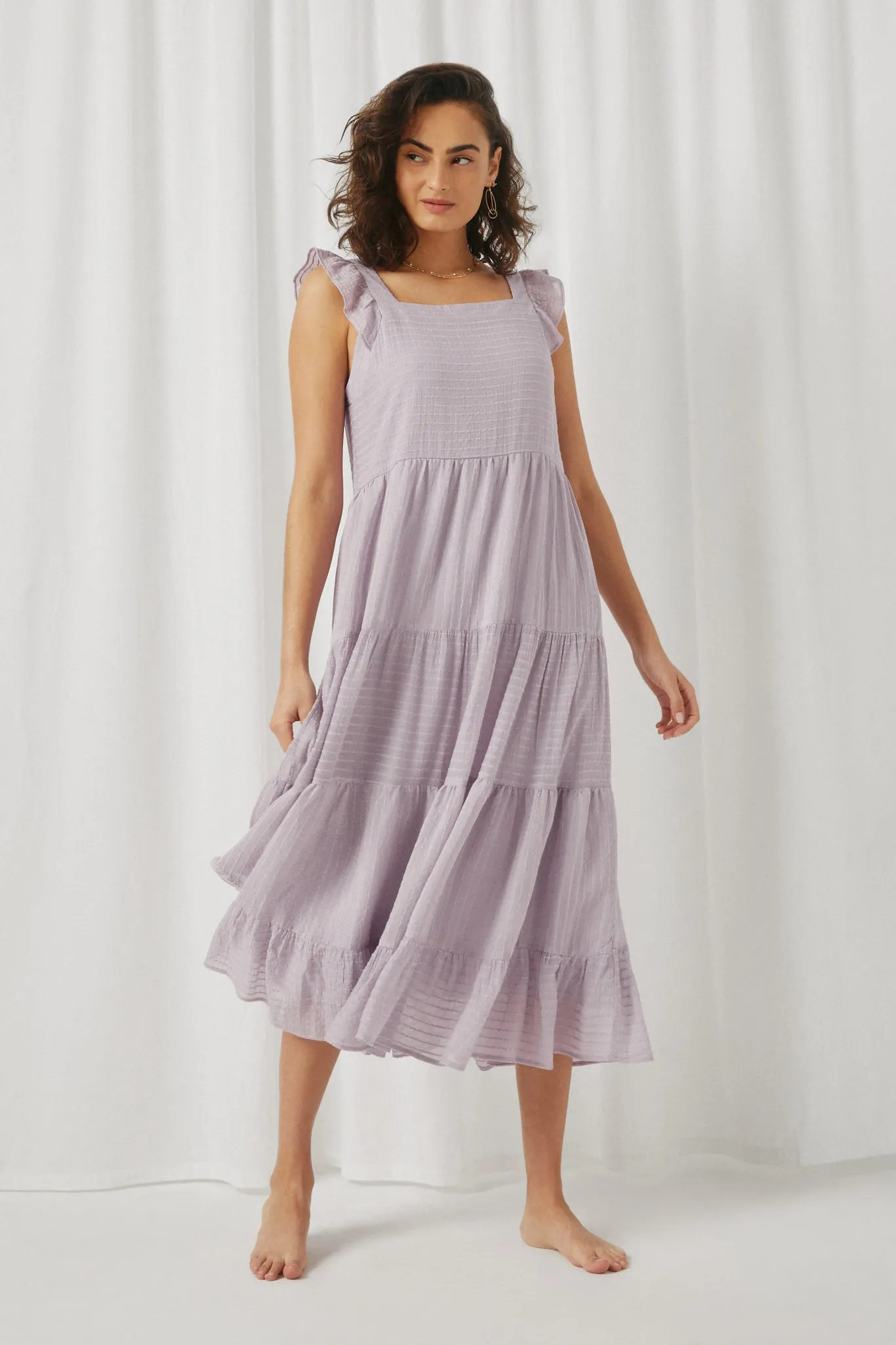 Textured Stripe Ruffle Sleeve Button Detail Tiered Dress