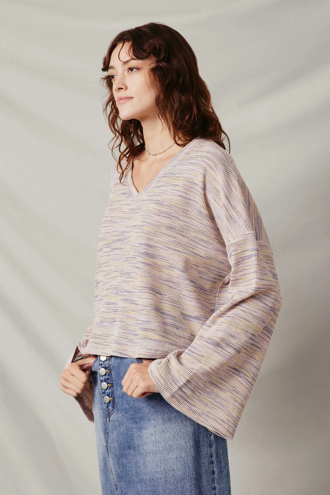 Textured V Neck Drop Shoulder Marled Knit Top