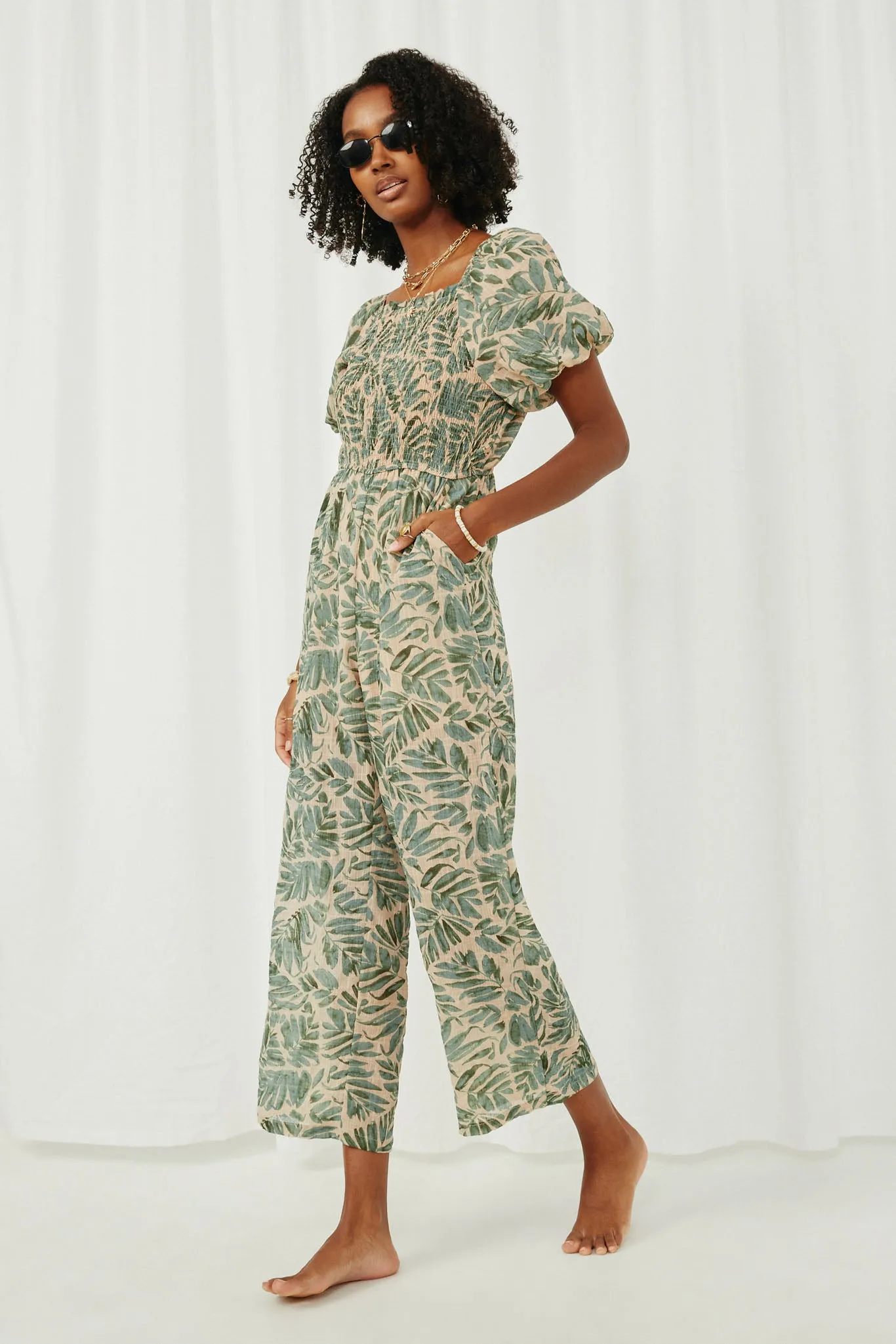 Tropical Leaf Print Smocked Puff Sleeve Jumpsuit