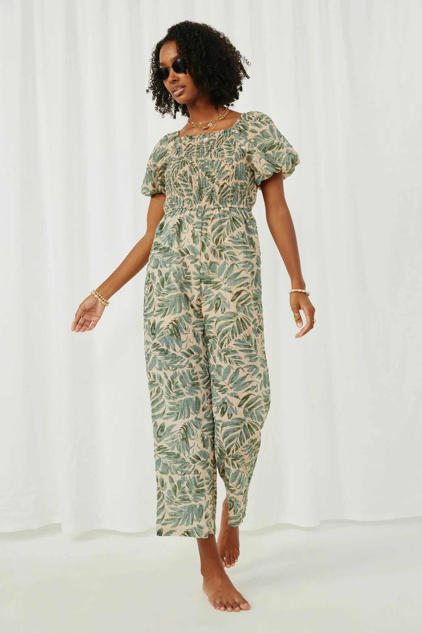 Tropical Leaf Print Smocked Puff Sleeve Jumpsuit