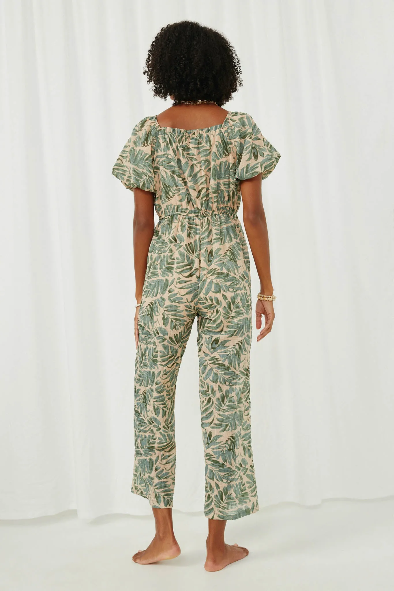 Tropical Leaf Print Smocked Puff Sleeve Jumpsuit