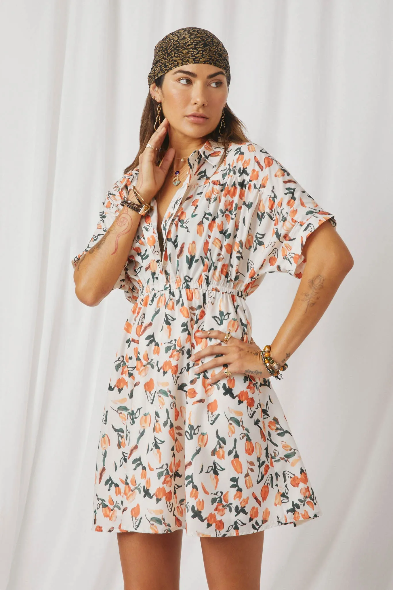 Tulip Print Dolman Sleeve Collared Dress