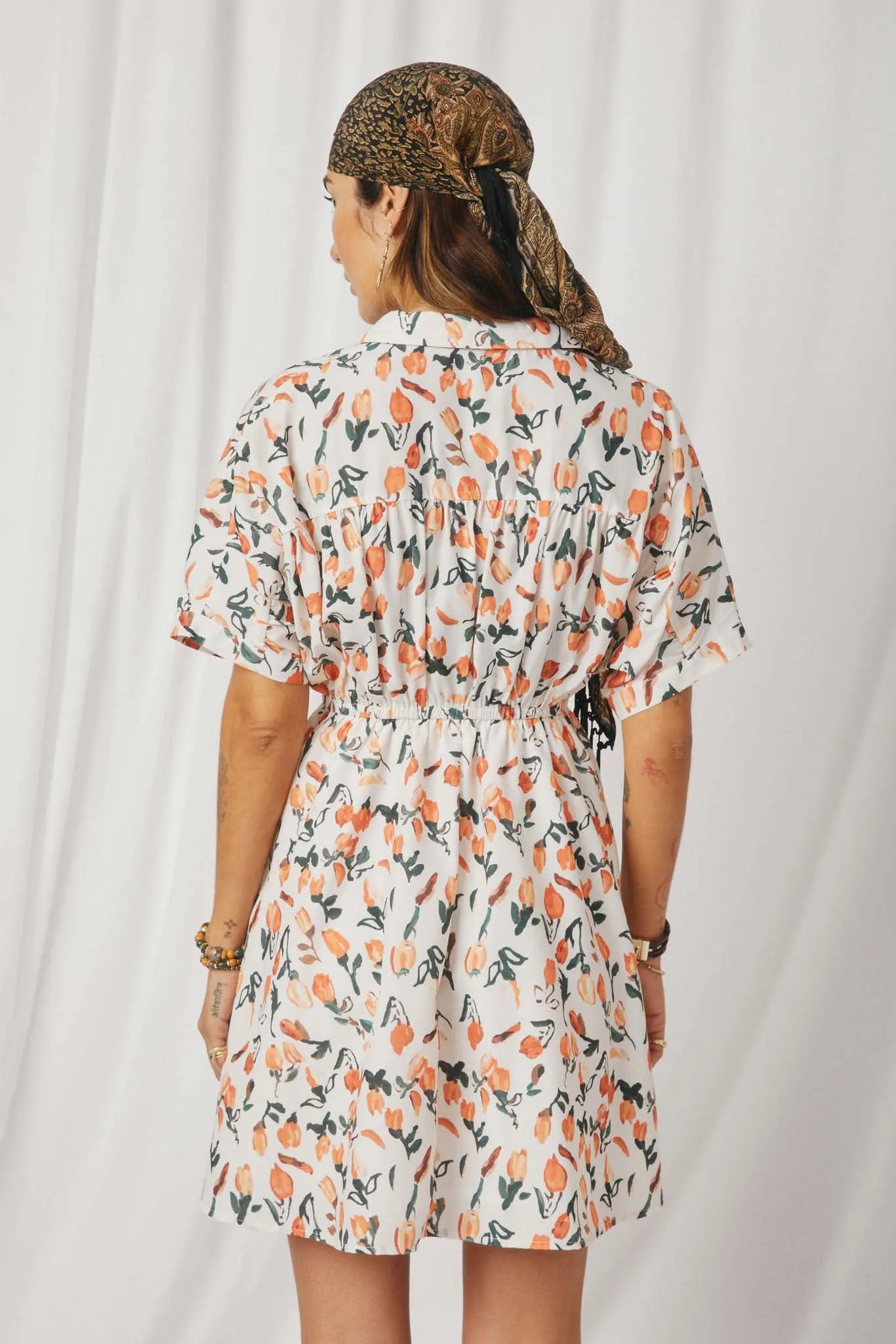 Tulip Print Dolman Sleeve Collared Dress