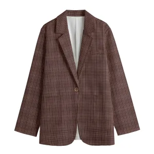 Vampire Art 100% Cotton Dark Academia Brown Tartan Women's Leisure Blazer | 245GSM Cotton