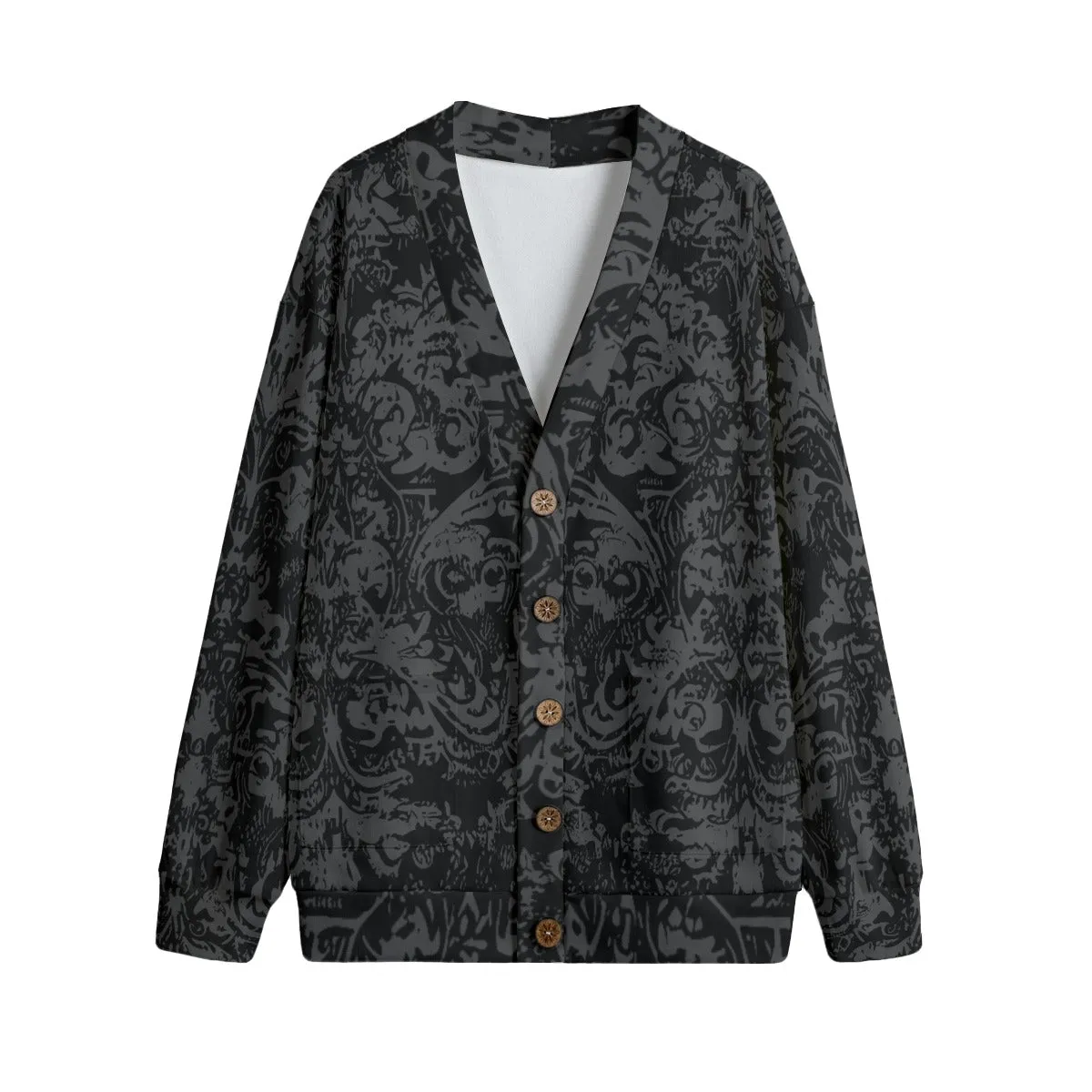 Vampire Art Grunge Damask in Black & Charcoal Unisex V-neck Knitted Fleece Cardigan With Buttons