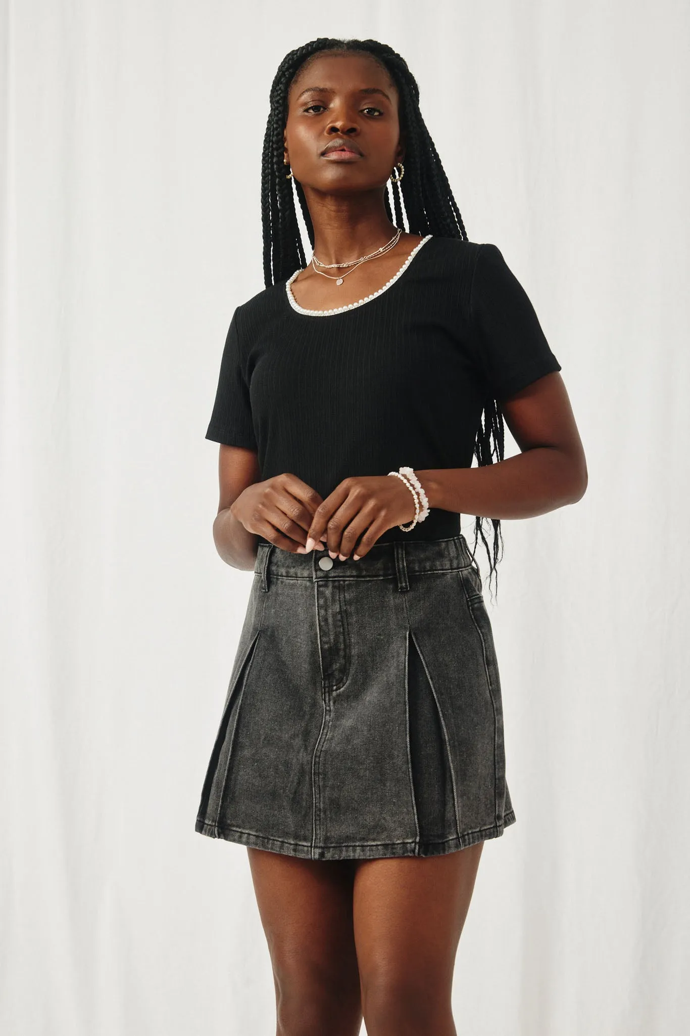 Womens Box Pleated Washed Denim Skirt