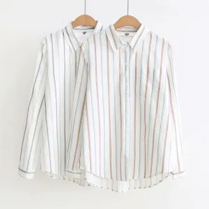 Women's Casual Contrast Color Vertical Striped Shirts 