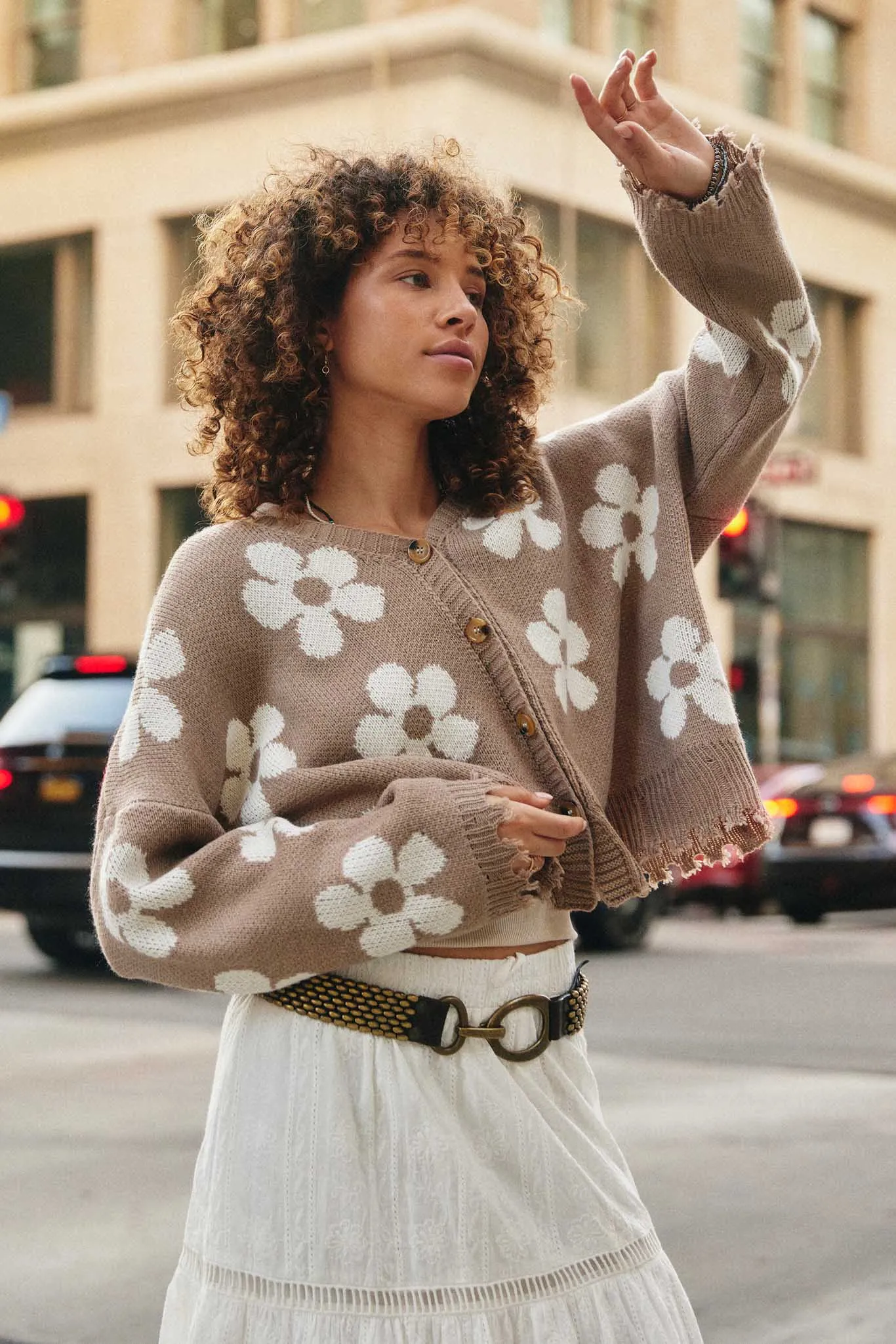 Womens Distressed Floral Patterned Cardigan