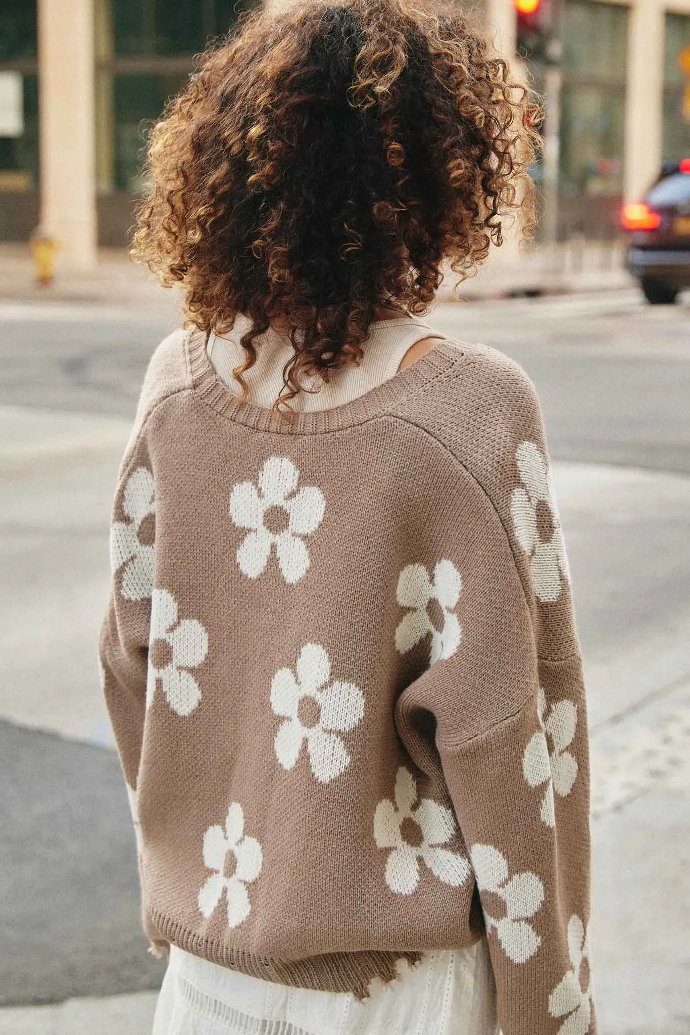 Womens Distressed Floral Patterned Cardigan