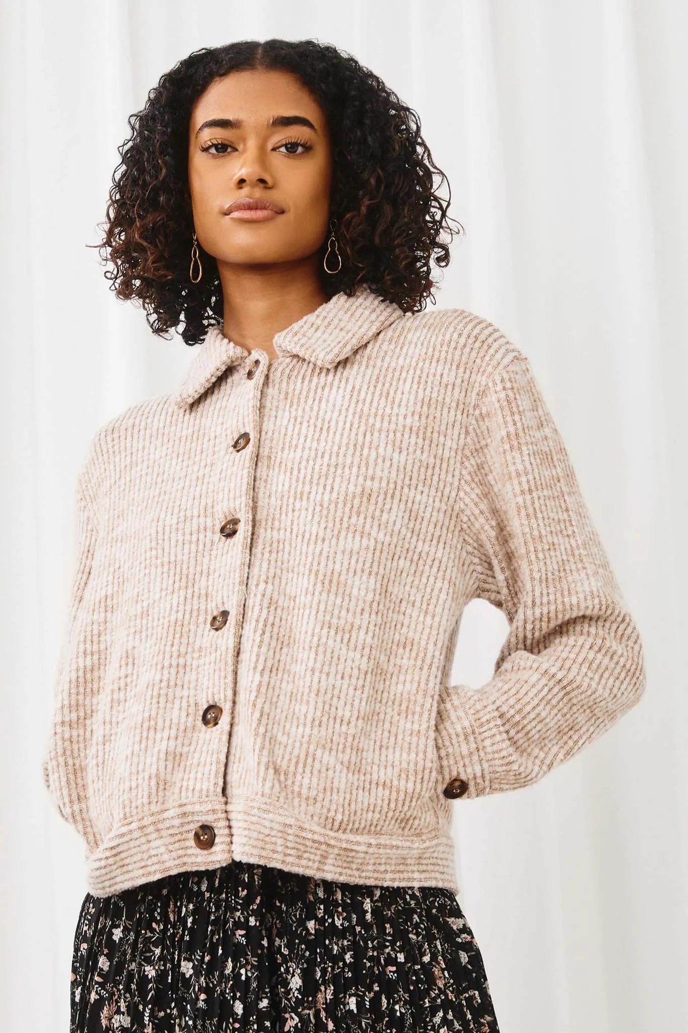 Womens Marled Rib Button Up Knit Jacket