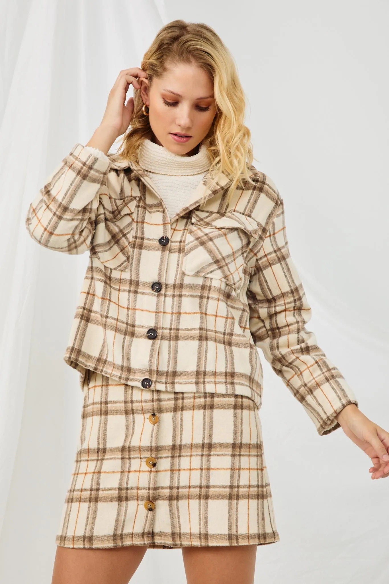 Womens Plaid Wide Sleeve Patch Shacket