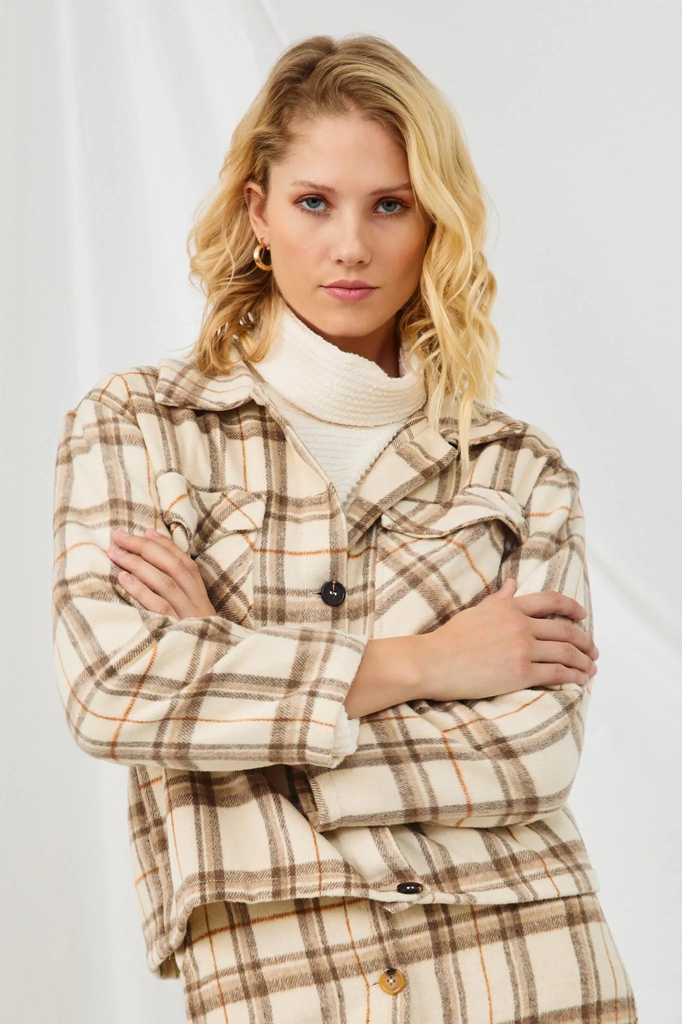 Womens Plaid Wide Sleeve Patch Shacket